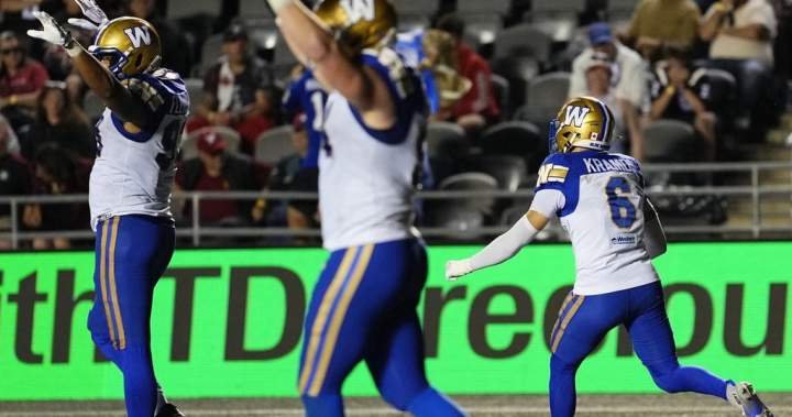 Read more about the article No Collaros or Kramdi for Winnipeg Blue Bombers matchup against Stampeders